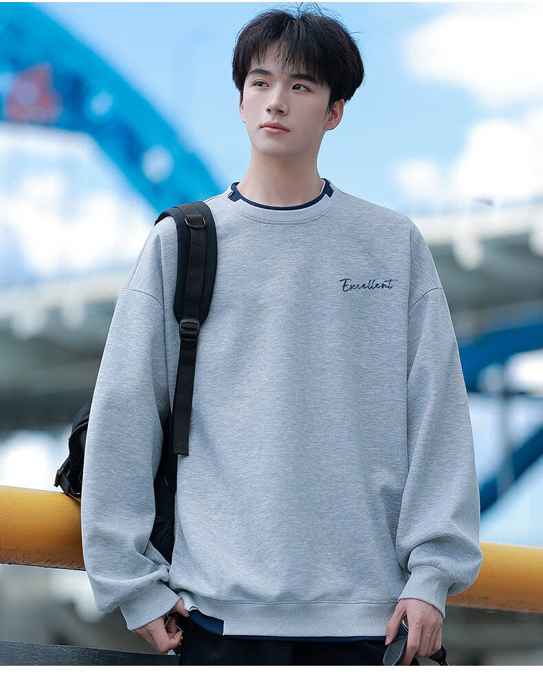 Huili Men's Sweatshirt, Autumn Simple Letter Print Long-Sleeve T-Shirt, Loose-Fitting Top, Round Neck Undershirt, Floral Gray, XL 11