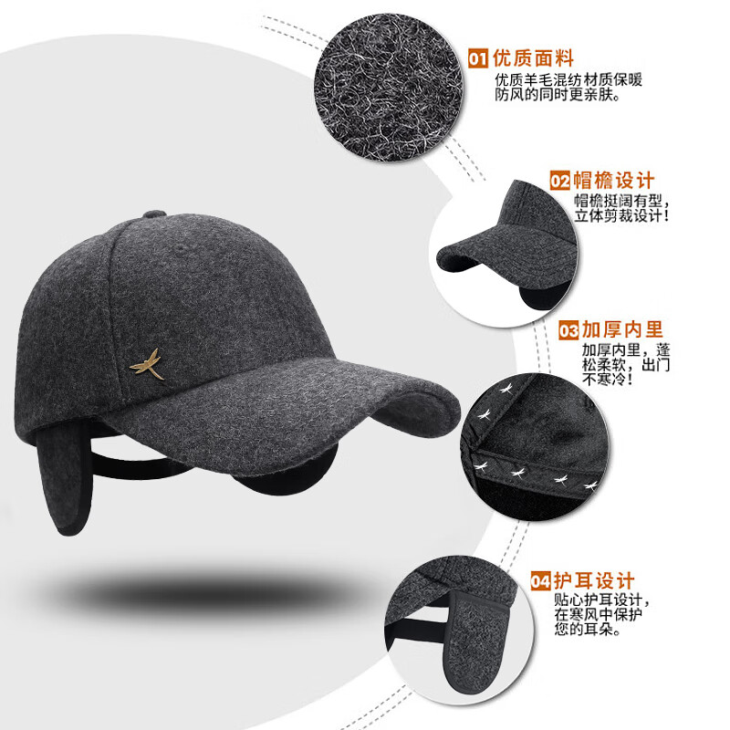 RED DRAGONFLY Men's Winter Warm Wool Baseball Cap Middle-aged and Elderly Dad Grandpa Duckbill Hat