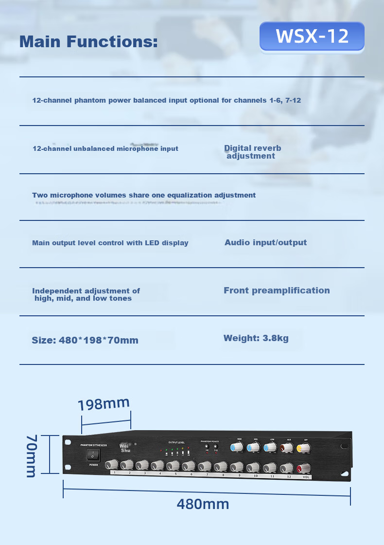 Weishu DG1000 Microphone Mixer Conference Audio Mixer Distributor, 48V Phantom Power Supply, 8-Channel XLR Interface, Independent Adjustment, Expandable Interface 11
