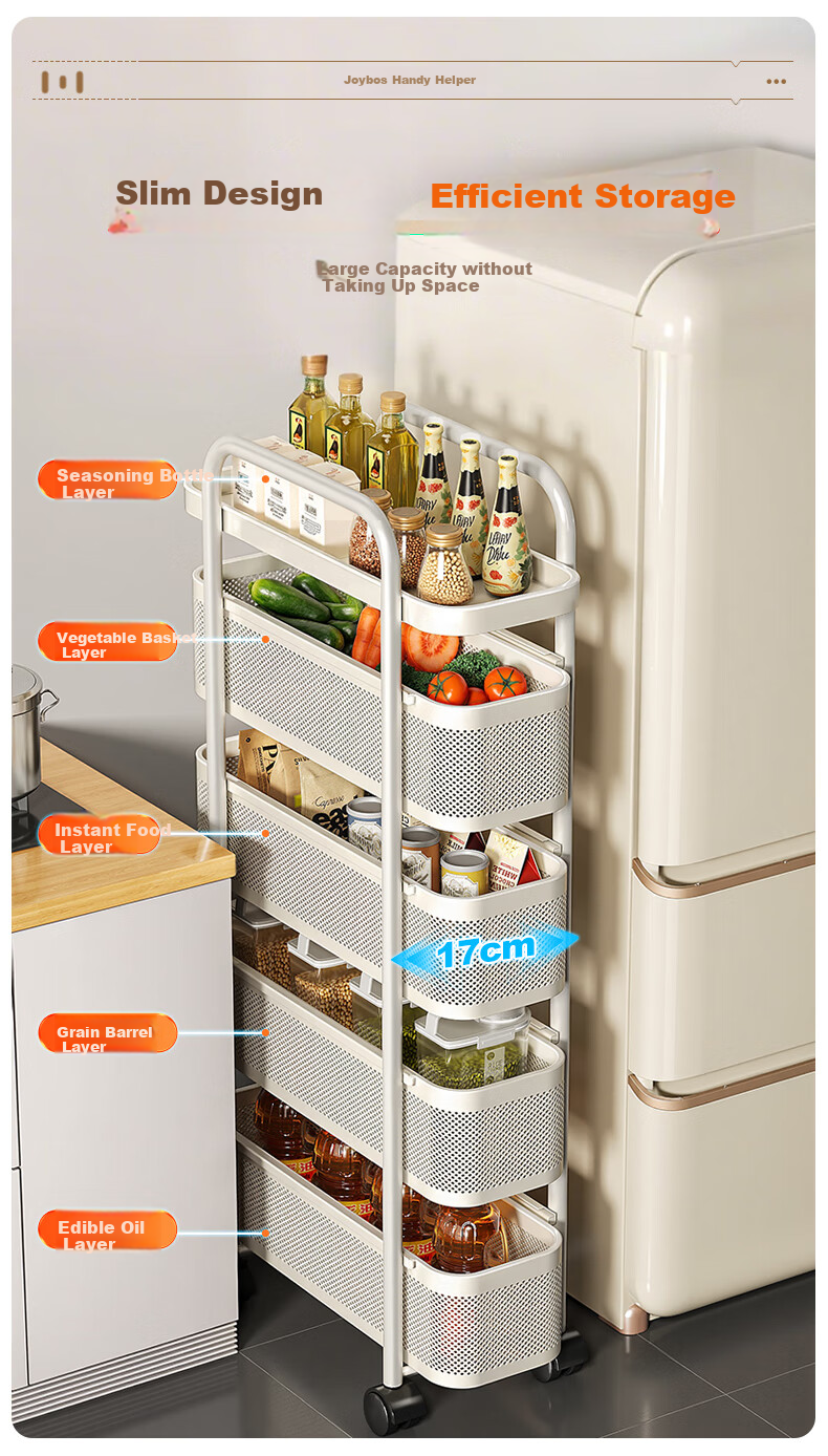 Jiabangshou Kitchen Gap Storage Rack, Refrigerator Side Pull-Out Cabinet, Bathroom Small Cart, Ultra-Narrow Sliding Basket, 17+3 2