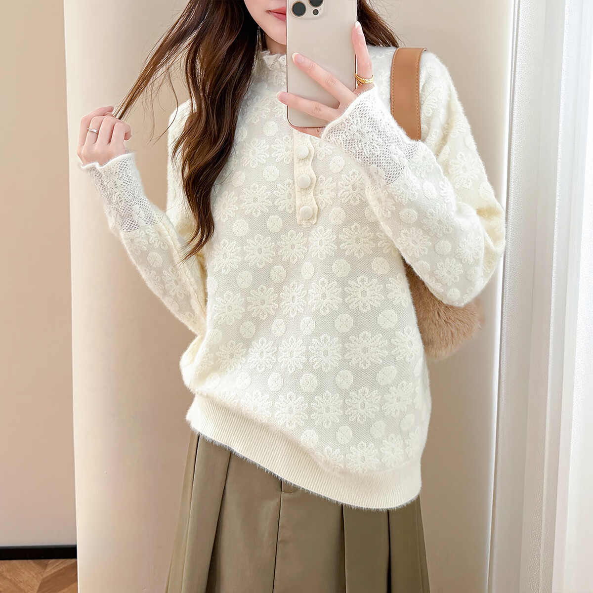 TonLion 2025 Autumn Winter Lady Style Monochrome Jacquard Half-Placket Pullover Sweater for Women