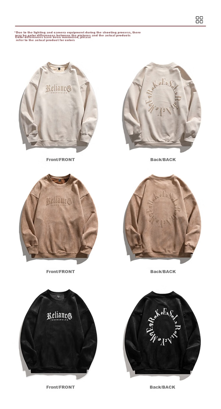 Homlean American-Style Suede Sweatshirt for Men, Autumn Casual Loose Round Neck Long-Sleeve Top, High Street Style HM01 Black M 12