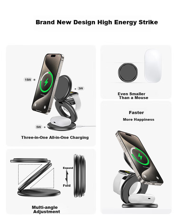Jingshan Multifunctional MagSafe Foldable Three-In Magnetic Wireless Charging Stand for Apple IPhone Watch And Earphones, Desktop Charger, 15W Foldable Portable Fast Charging 1