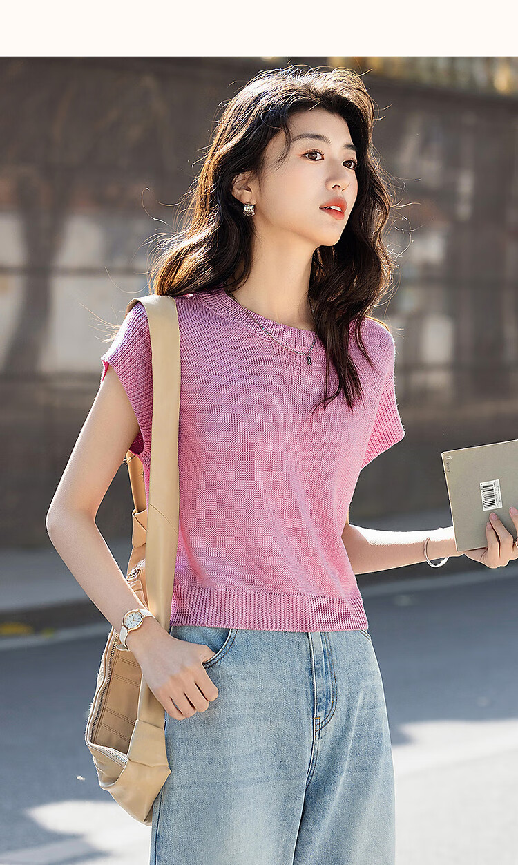 Dme [Selected Bamboo Fiber] Summer Elegant Round Neck Sleeveless Sweater, Short Elastic Slim-Fit Knitted Top for Wome 21
