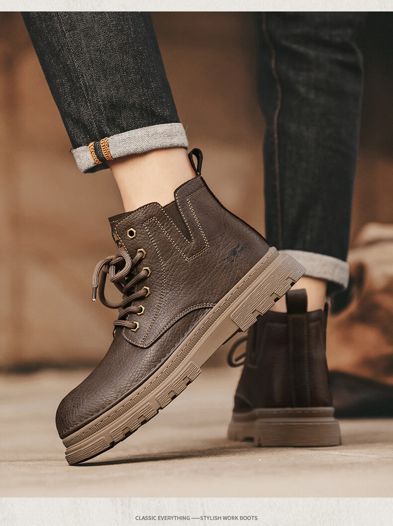 Bull Family Men's Boots Autumn Winter New British Retro Martin Boots Thick Sole Wear-Resistant Men's Work Boots Versatile Casual High-Top Shoes 11