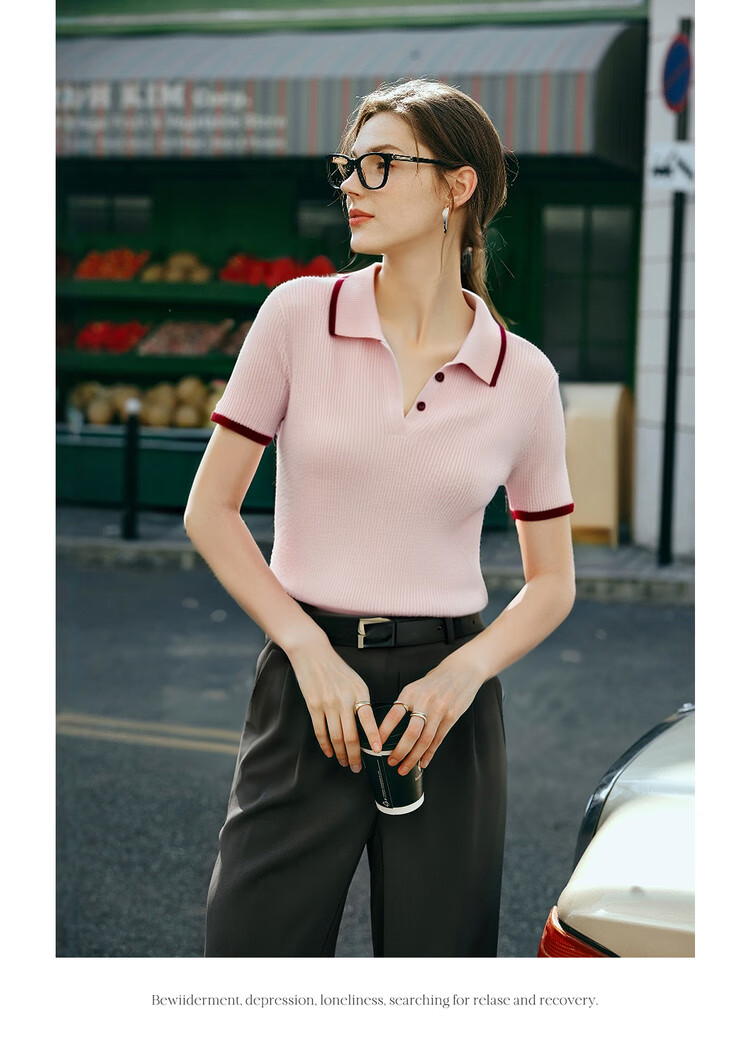 Olrain Pink Polo Collar Commuter Style Knit Pullover Women's Summer Top Pink L 14