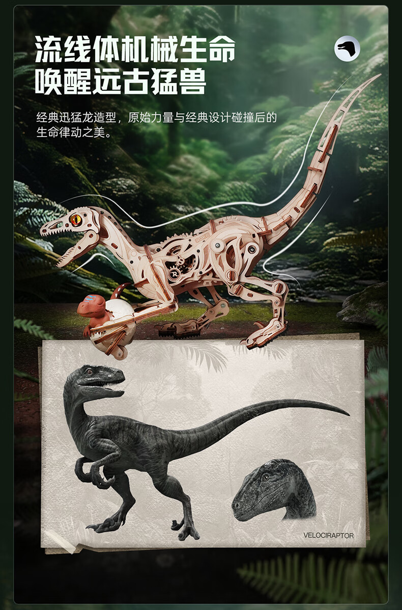ROKR Prehistoric Planet Velociraptor, Building Block Toy, DIY Handmade Wooden Assembly Mechanical Model, Dinosaur Puzzle Gift 1