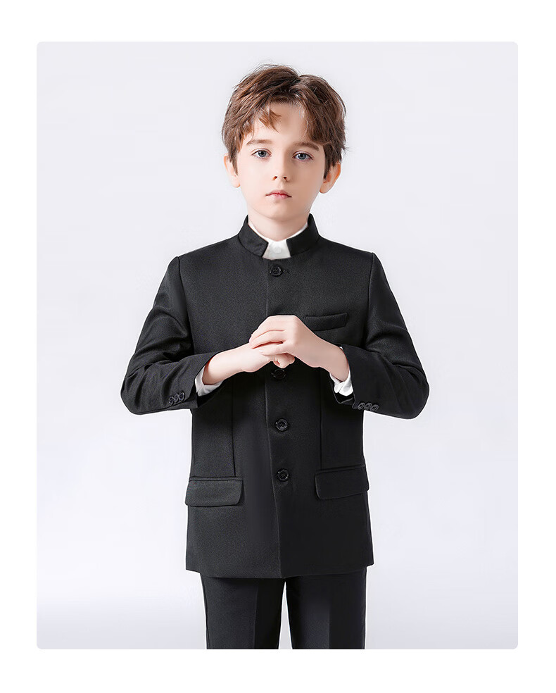 Luomeng Boys' Zhongshan Suit Student Outfit Chinese Style Children's Performance Suit Set, Black Zhongshan Suit Two-Piece Set, Size 110 12