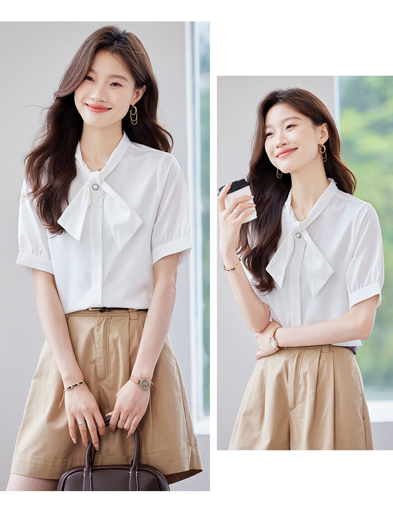JEANSWEST Women's Summer Short Sleeve Shirt Elegant Versatile Fashion Bowknot Solid Color Formal Top White M 3