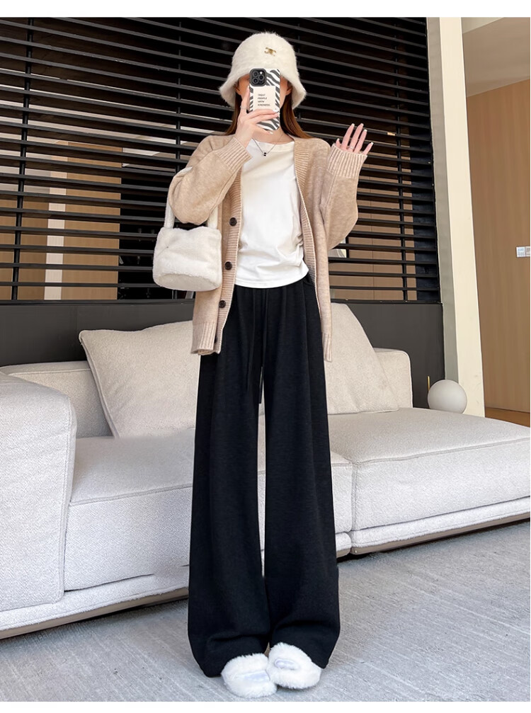 Langsha Women's Glutinous Rice Pants Autumn Winter White Fleece Thickened 2025 New Soft High Waist Draped Straight Leg Cotton Wide Leg Pants 4