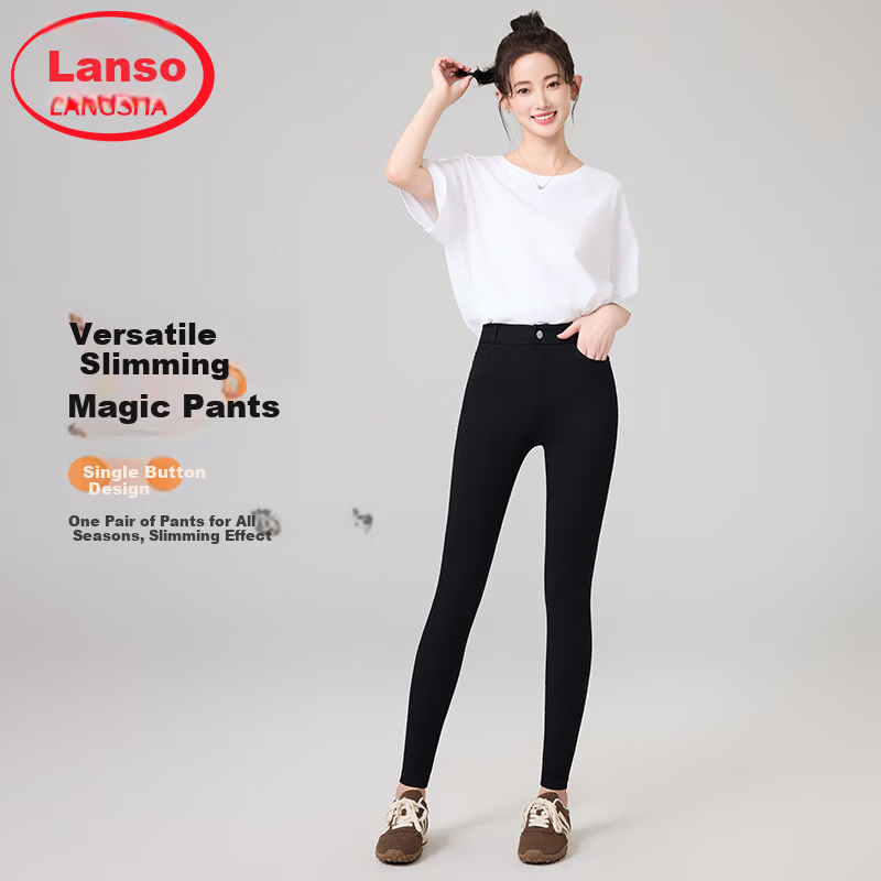 LangSha Leggings for Women, High-Waisted Slim-Fit Black Thin Pants for Spring Wear, Tight-Fitting Pencil Pants with Velcro Cuffs