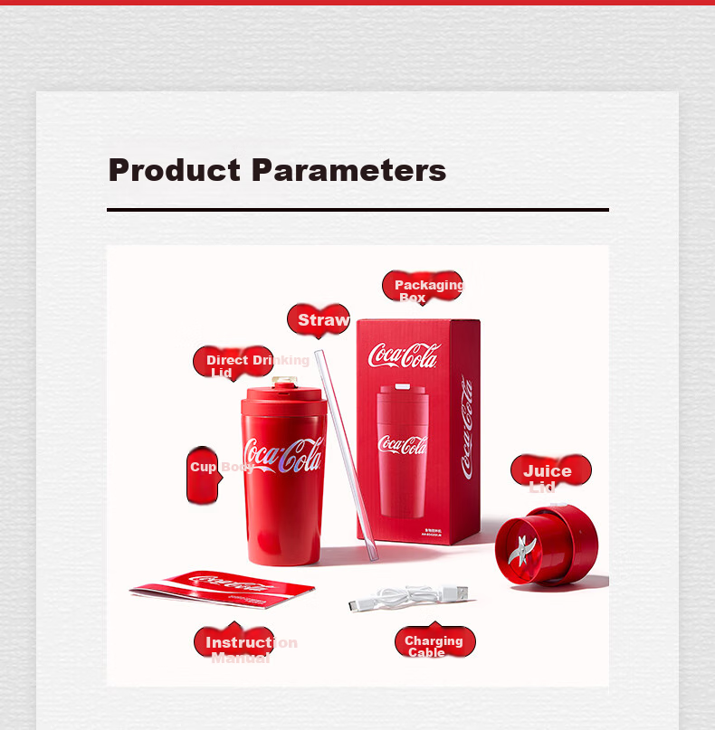 Coca-Cola Juicer Cup, Small Portable Blender with Ice Crusher, Dual-Lid Juicing Machine, USB Rechargeable Juicer AH-60GZ01JR Red 17