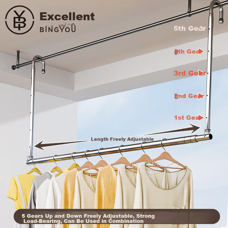 Bingyou Balcony Clothes Drying Rack, Extendable Stainless Steel, No Drilling Required, for Hanging Quilts, 5 Adjustable Levels, Rotatable