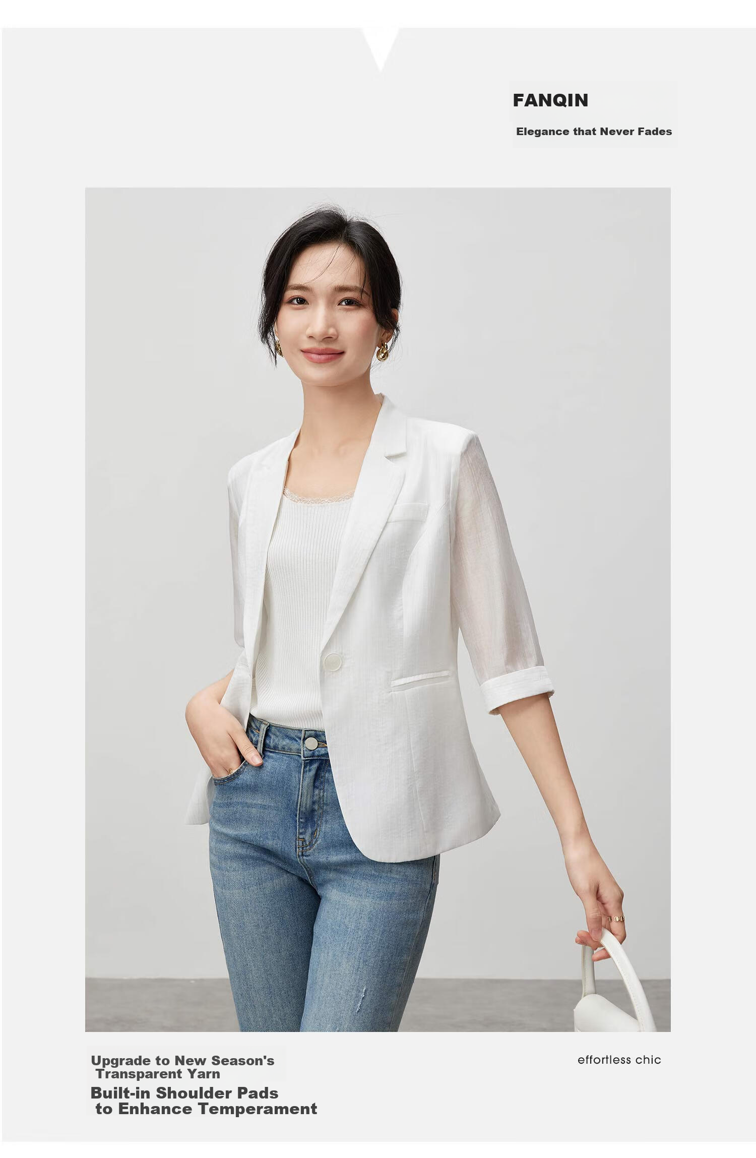 Fan Qin Yili Kuo Suit Jacket for Women, 2024 Elegant Five-Quarter Sleeve Commuter Professional Style, 442X73049, White, M 2