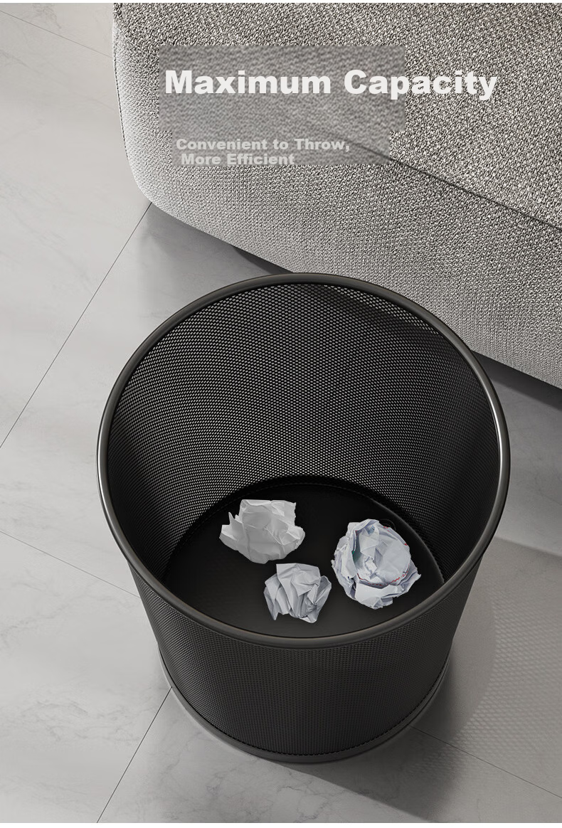 Baijiahaoshi Household Metal Mesh Trash Can without Lid, 12L Round Black, for Living Room Bathroom Bedroom, Wire Mesh Office Wastebasket 4