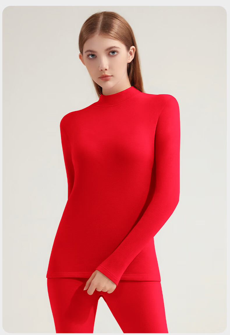 Carsonlan Qi Ji Red Thermal Underwear Set for Women, Pure Cotton Half Turtleneck Autumn Top and Bottom, Bright Red Year of the Horse Edition 20