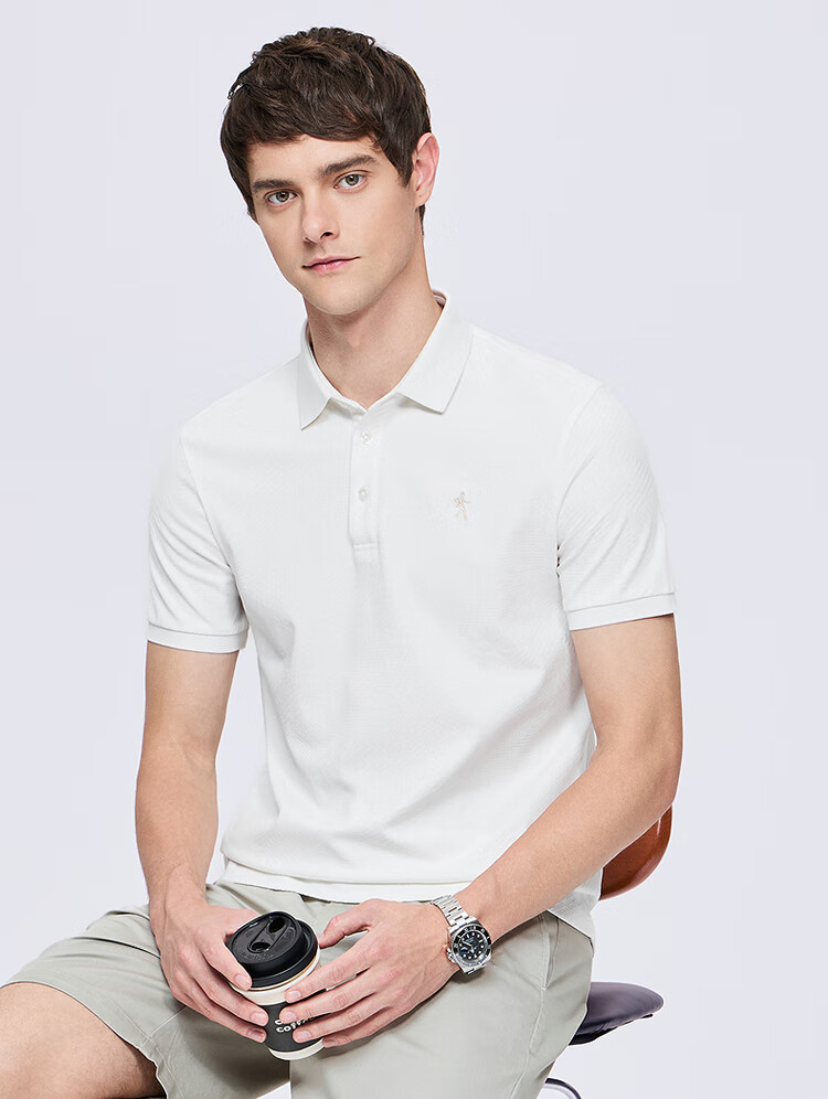 Dance with Wolves [Non-Deforming Collar] Textured Jacquard Summer Breathable Men's Short Sleeve Polo Shirt 803 Off-White L 3