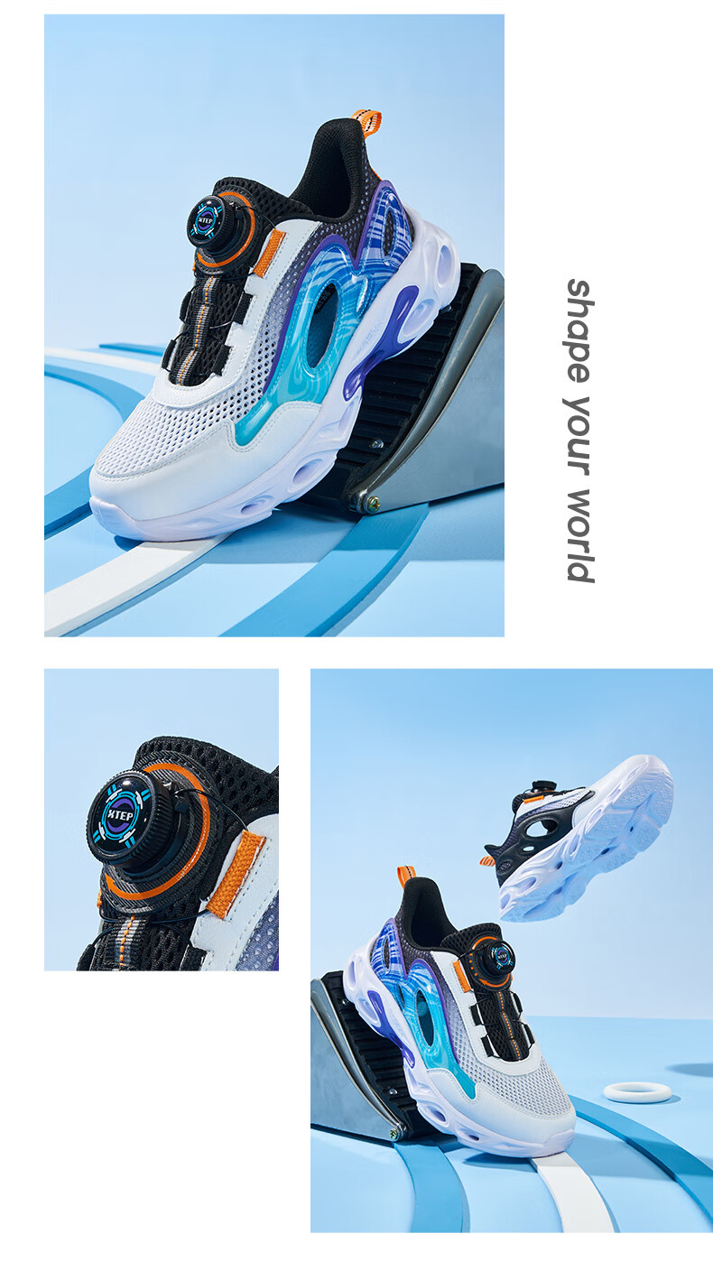 XTEP Children's Shoes, Boys' Cage Shoes, Breathable Rotating Buckle Running Shoes, Black/New White/Prussian Blue, Size 33 13