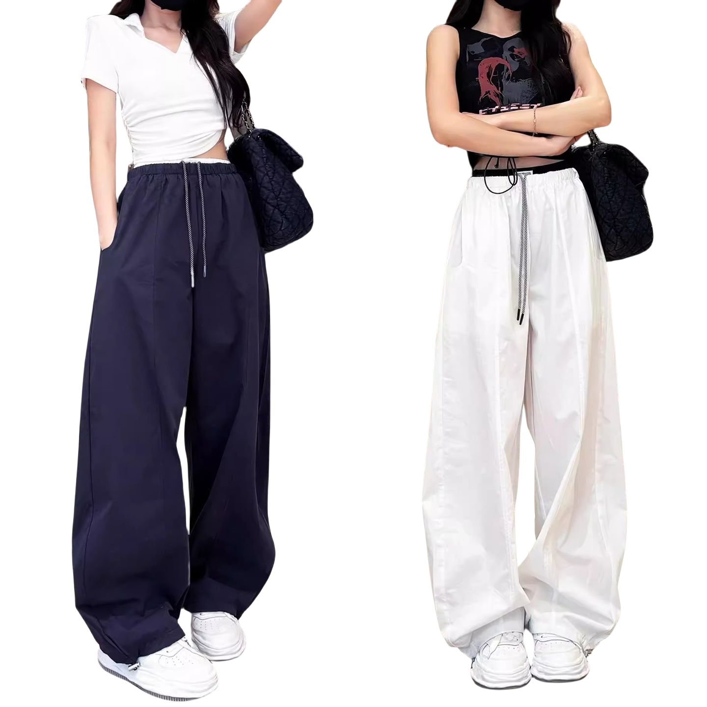 Langsha Women's American Style Work Pants Spring 2026 New High Waist Drawstring Colorblock Quick-Dry Sports Pants Loose Casual Curved Leg Pants