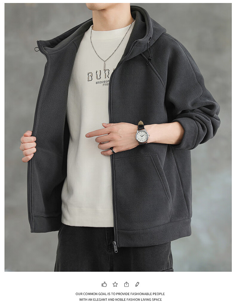 FAIRWHALE Men's Hoodie Autumn Winter Fleece-Lined Zip-Up Jacket Loose Fit Warm Casual Top Gray Fleece Lined L 4