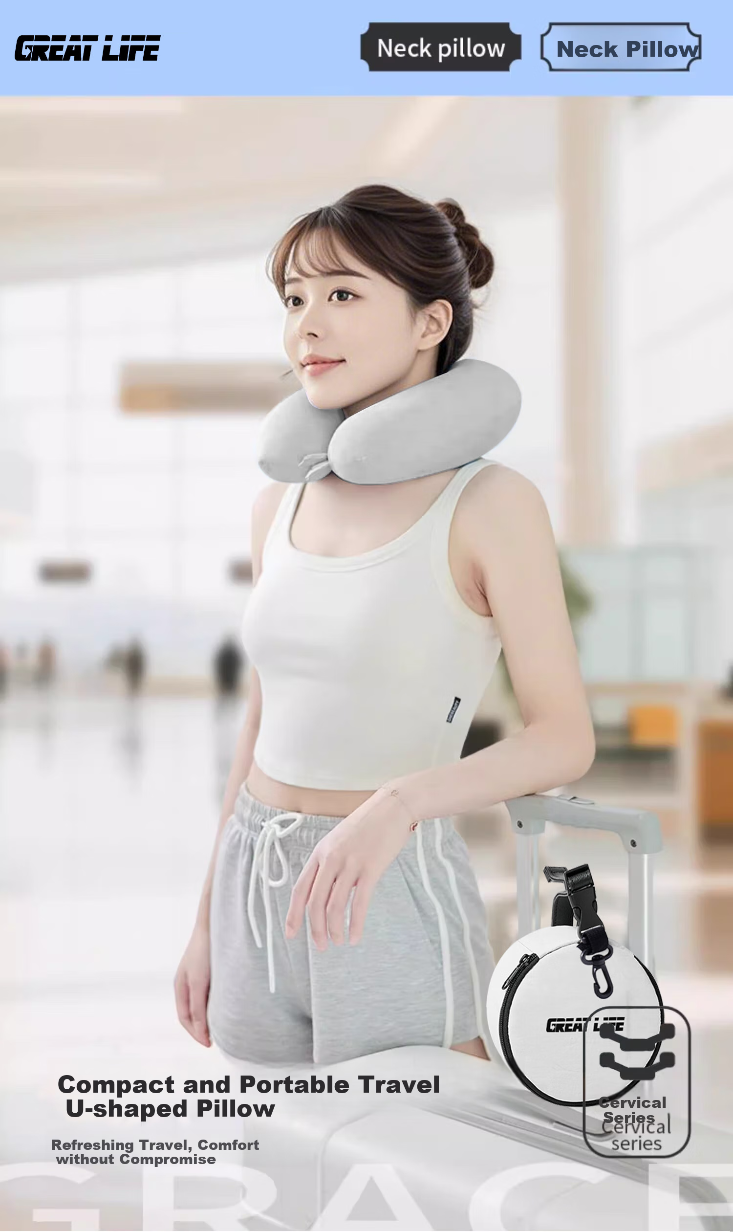GREAT LIFE U-Shaped Neck Pillow, Portable Travel U-Shaped Pillow for Sleeping, Airplane And High-Speed Rail, Summer Car Neck And Cervical Spine Support Pillow 1