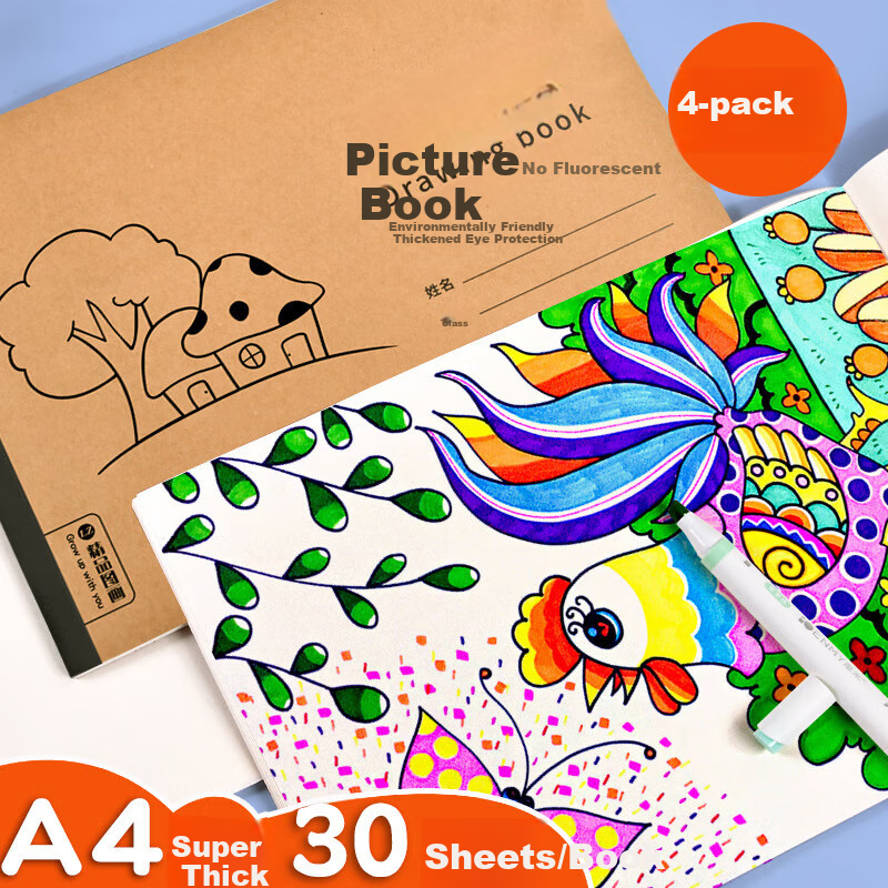 BOJIAO Children's A4 Sketchbook, Glue-Bound Kraft Paper, Thickened Drawing Book for Kindergarten And Elementary School Students, Art Paper Sketchbook, Doodle Book A4 [30 Sheets/book], 4-Pack