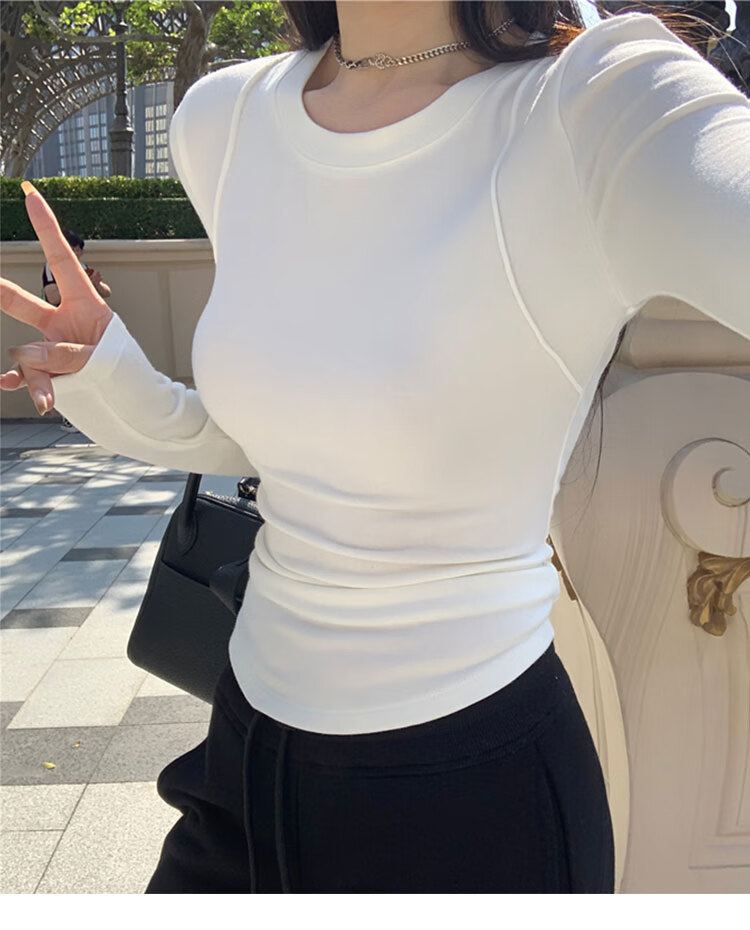 Woodpecker Women's Long Sleeve T-Shirt Autumn 2025 New Round Neck Shoulder Fit Ribbed Base Shirt White S 2