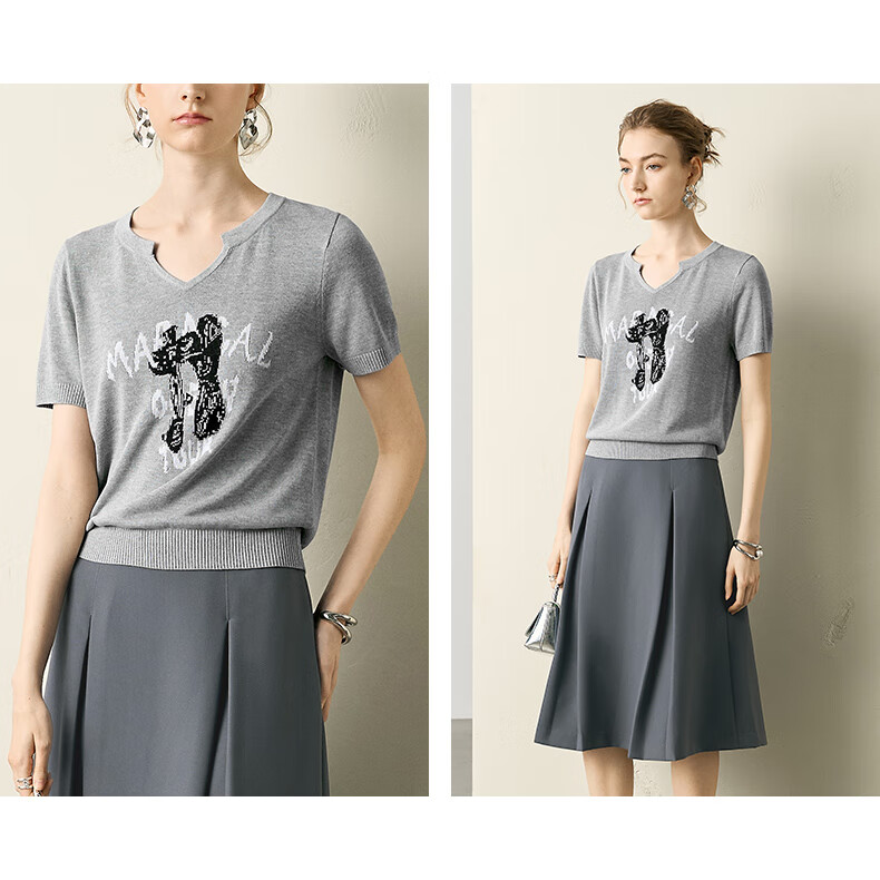 YANYEE Premium Gray Short Sleeve Knit Top for Women 2025 Summer Slim Fit Lightweight Commuter Blouse Gray 2XL 19