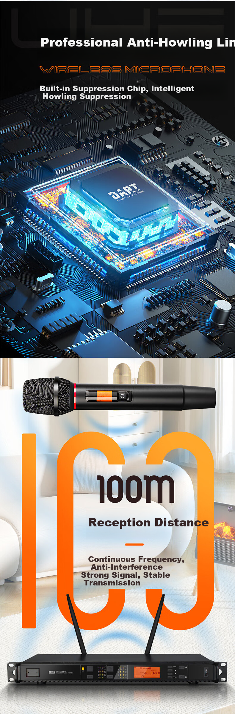 Depusheng Professional Wireless Microphone System, Home KTV Singing, Karaoke for Meetings And Training, Speech And Stage Performance, Karaoke Machine with Dual Microphones, Anti-Howling Frequency Adjustment, DR28 2