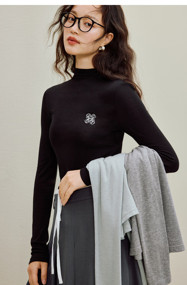 INMAN Wool Stand Collar T-Shirt 2025 Autumn Women's New Layered Slim Fit Long Sleeve Base Shirt Light Gray S 15