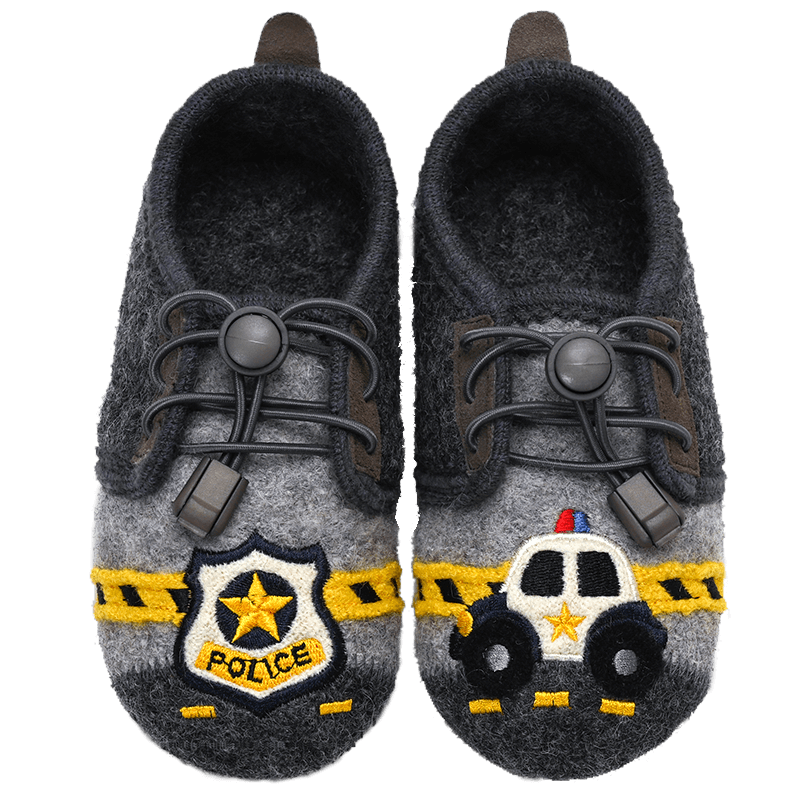 Xiaorong Lace-up Police Car Shoes for Boys Ages 2-8, Children's Indoor Shoes, Wool Warmth, Soft Sole, Non-slip, Easy to Wear, Spring Autumn Winter