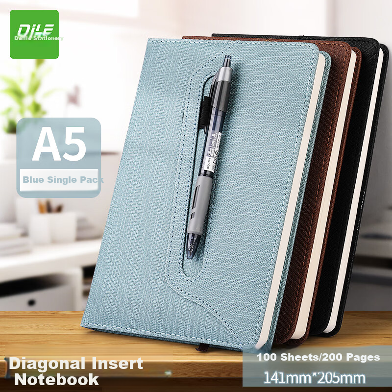DiLe A5 Soft Leather Thickened Slanted Business Notebook with Pen Holder, High-End Office Meeting Record Book, 100 Sheets/Book, 4349A (Blue)