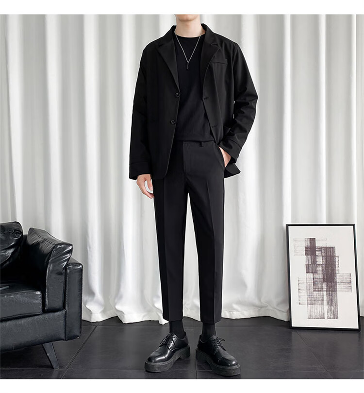 TUCANO Men's Suit Set Korean Style Fashion Two-Piece Business Casual Versatile Jacket and Comfortable Trousers Black XL 4