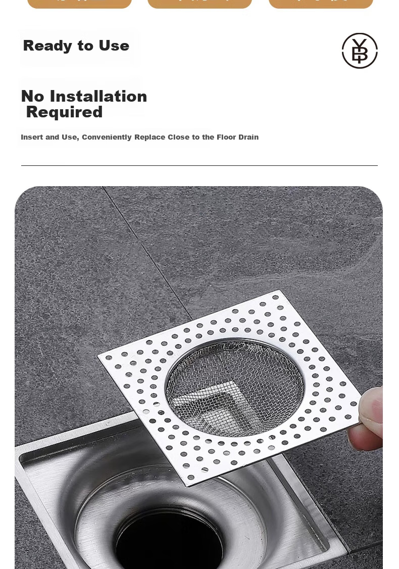 Bingyou Stainless Steel Floor Drain Filter, 2-Pack, Square Shape, Universal for Bathroom Drains, Anti-Clogging Hair Filter 3