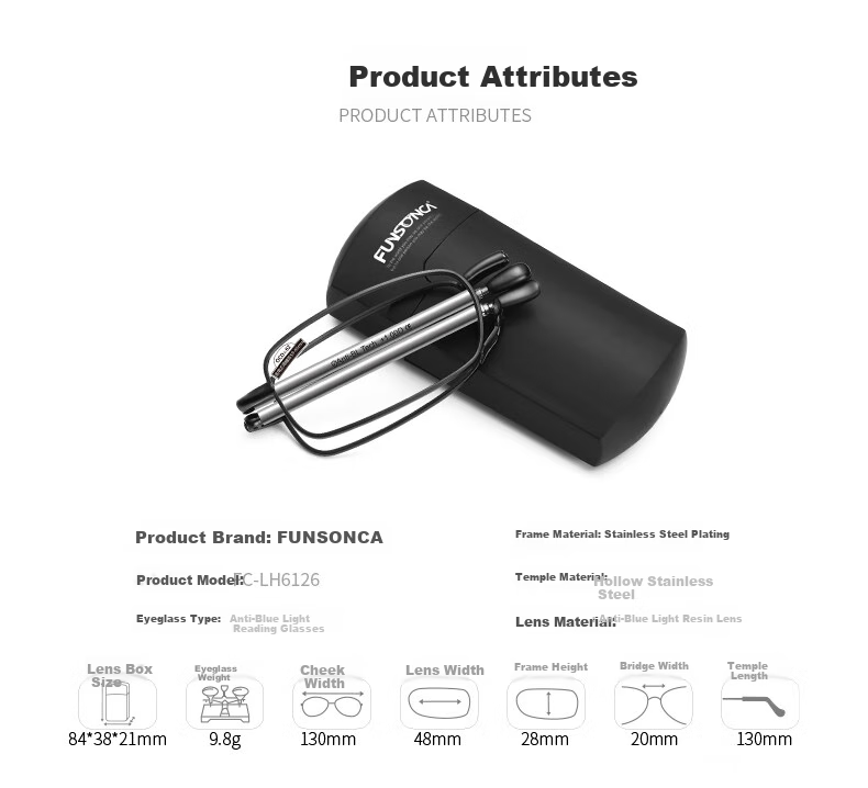 Funsonca Anti-Blue Light Foldable Swiss Imported Material Reading Glasses, Lightweight Matchbox Portable 6126 Red 150 Degree 7