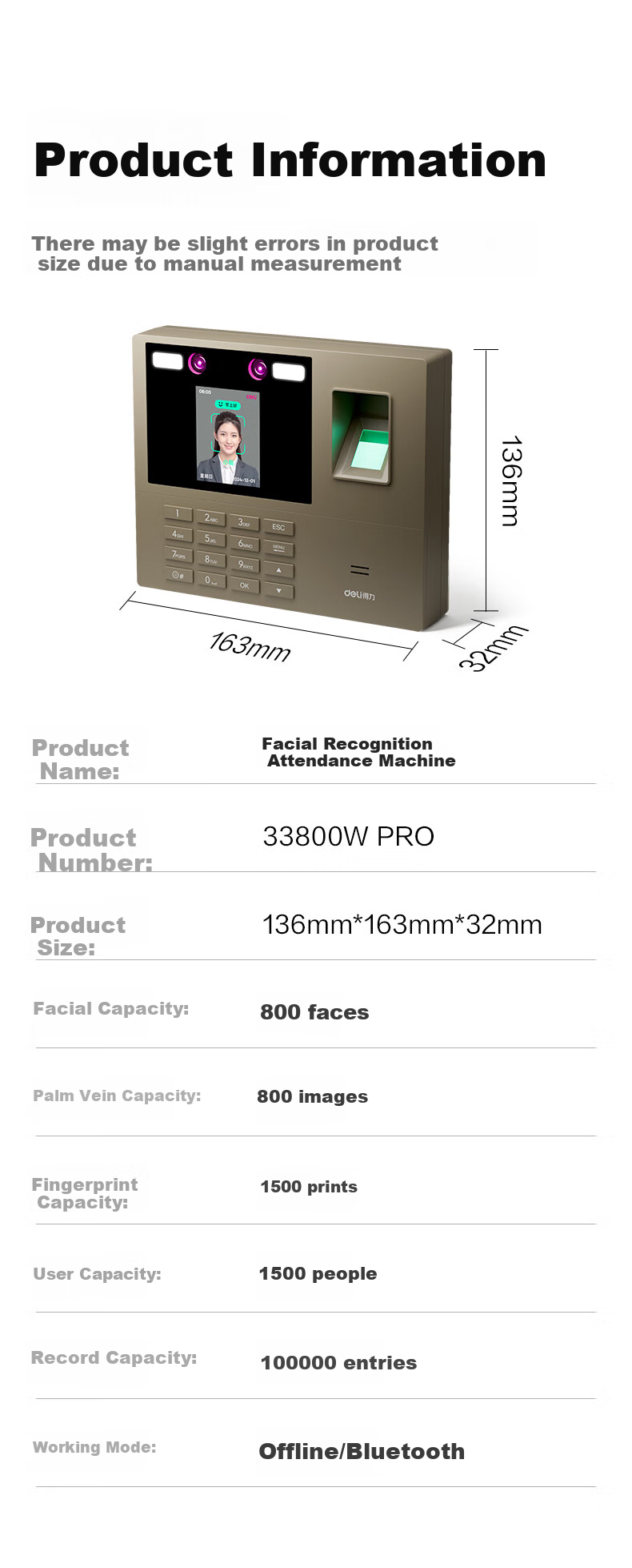 Deli Attendance Machine, Fingerprint And Facial Recognition Device with Palm Vein Scanner, Face Recognition Attendance System with Anti-Photo And Video Check-In Function, Bluetooth Connected to WeChat Mini Programs for Management, 33800WPRO 10