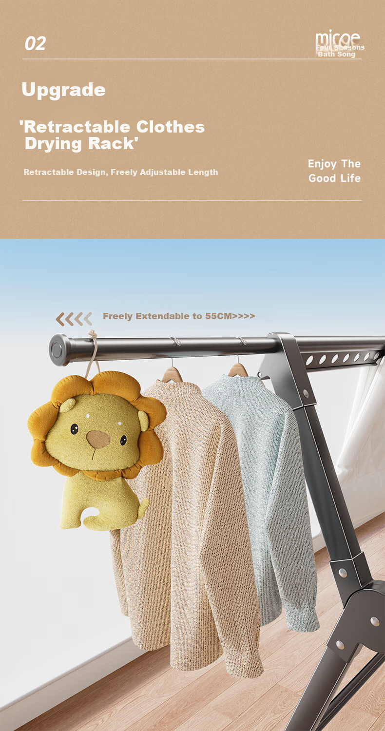 MICOE Floor-Standing Aluminum Alloy Clothes Drying Rack, Extendable Folding Clothes Hanger, Balcony Quilt Drying Rod 3