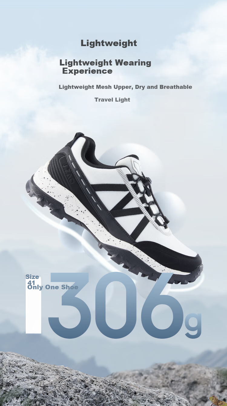 JD Original [Xuebao] Outdoor Hiking Shoes, Men's Trekking Shoes, Non-Slip, Wear-Resistant, Breathable, Drawstring Lace-Up Casual Shoes for Men, Black And White, Size 40 4