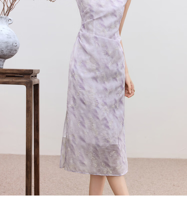 Sentubila Modified Qipao Chinese Style Dress Women Summer Waterdrop Hollow Stand Collar Embroidered New Chinese Waist Slimming Mid-Length Dress 21