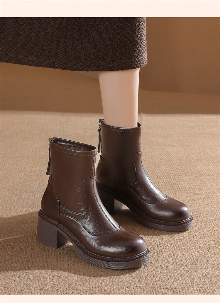 DAPHNE Women's Short Elastic Slim Boots Winter Fleece Warm Thick High Heel Leather Ankle Fashion Boots Fleece Black 35 4