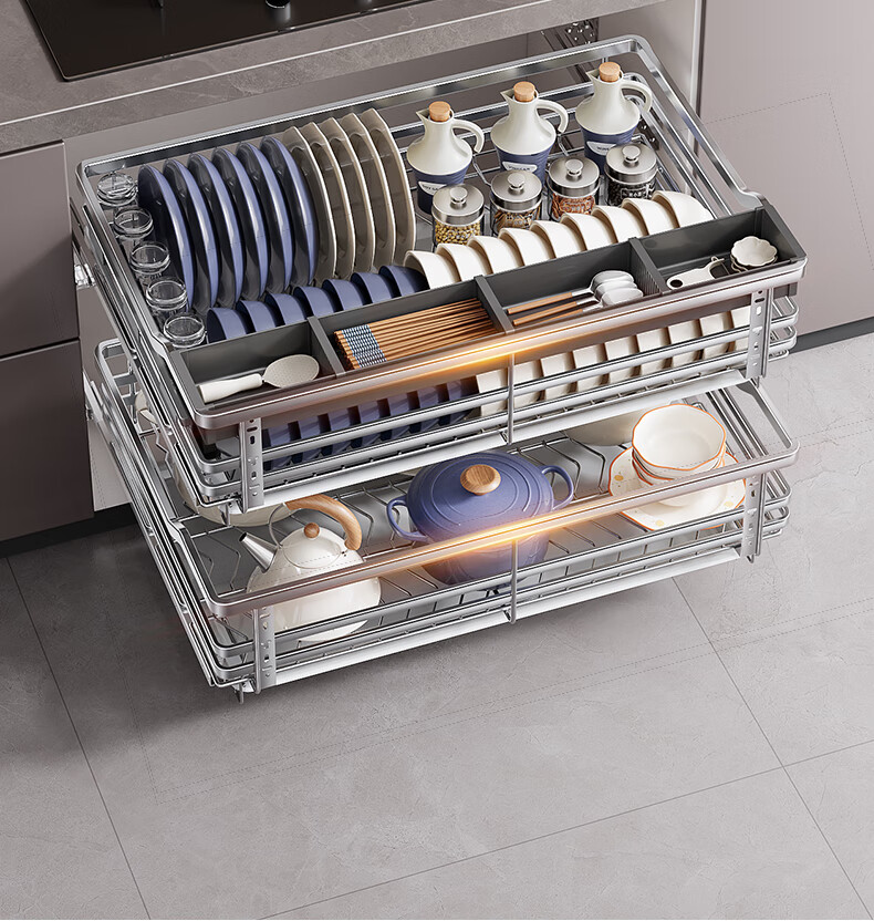Sijimuge Pull-Out Basket Kitchen Drawer 304 Stainless Steel Double-Layer Dish and Spice Rack Cabinet Basket 17