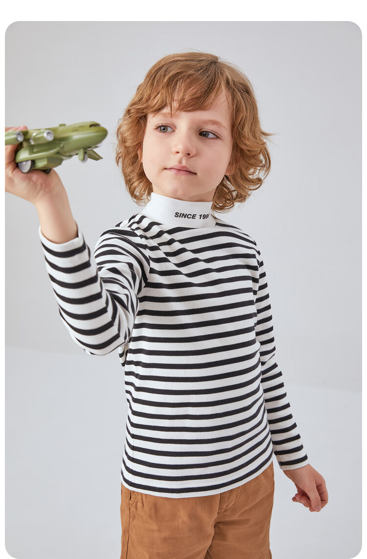 Annil Boys' Mid-Neck Long Sleeve T-Shirt 2025 Autumn New Casual Stretchy Striped Fashion Base Shirt 1