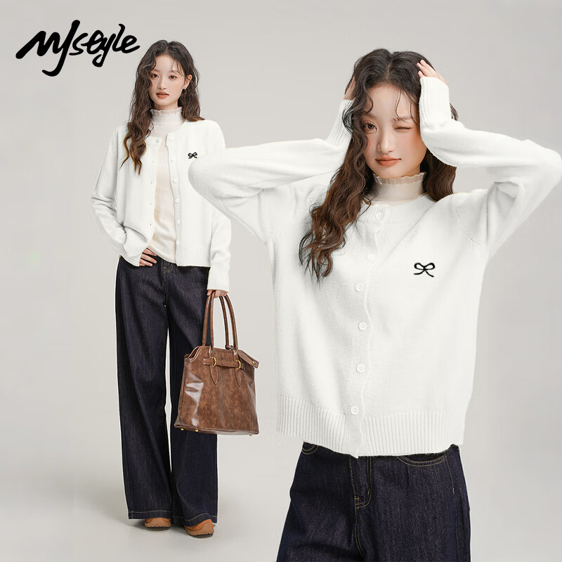 MJ STYLE Round Neck Knitted Cardigan Women 2026 Spring Autumn New Bow Embroidery Sweet Casual Jacket Top