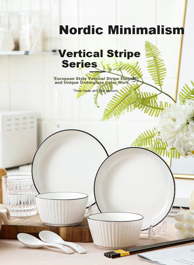 WEIMINGNUO Ceramic Dinnerware Set, Complete Household Bowl And Plate Set with Chopsticks, Large Soup Bowls, Vertical Stripes, 15 Pieces 1