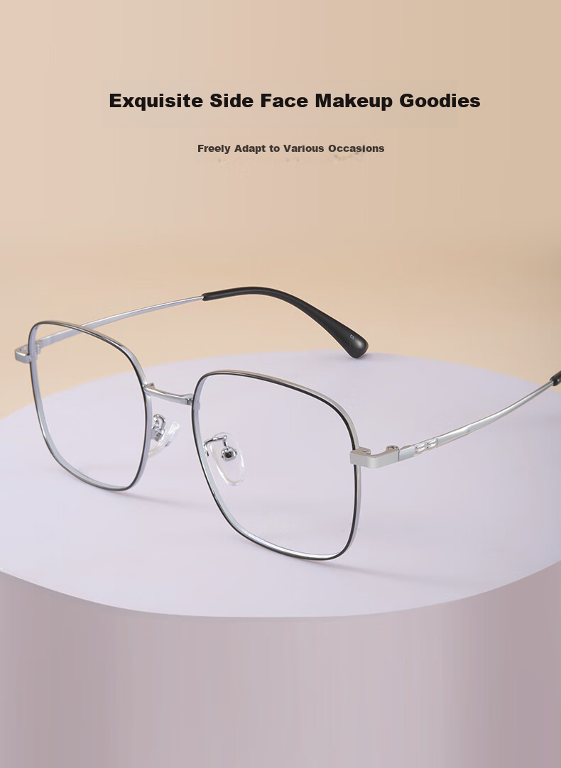 Jingbang Myopia Glasses for Men And Women, Ultra-Light Large Face Slimming Square Frame with Blue Light Protection, Prescription Lenses Available, Black Silver Non-Prescription Blue Light Blocking Glasses for Qixi Festival 3