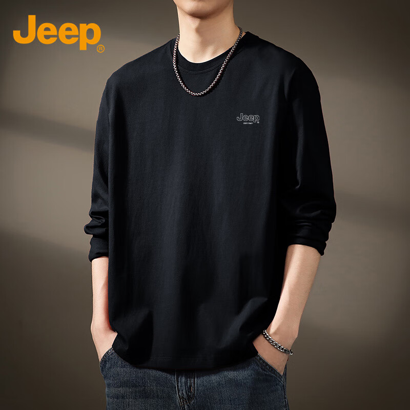 JEEP Men's Long-Sleeve T-Shirt, Loose-Fit Round Neck Undershirt for Spring And Autumn, Pure Cotton Versatile Top, Men's Clothing, Black, M