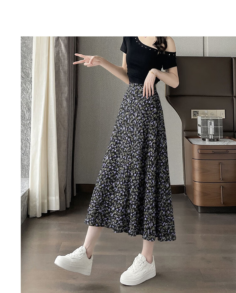 Awakening Paradise 2026 Summer New Slimming A-Line Mid-Length Skirt White Base Black Floral One Size 25