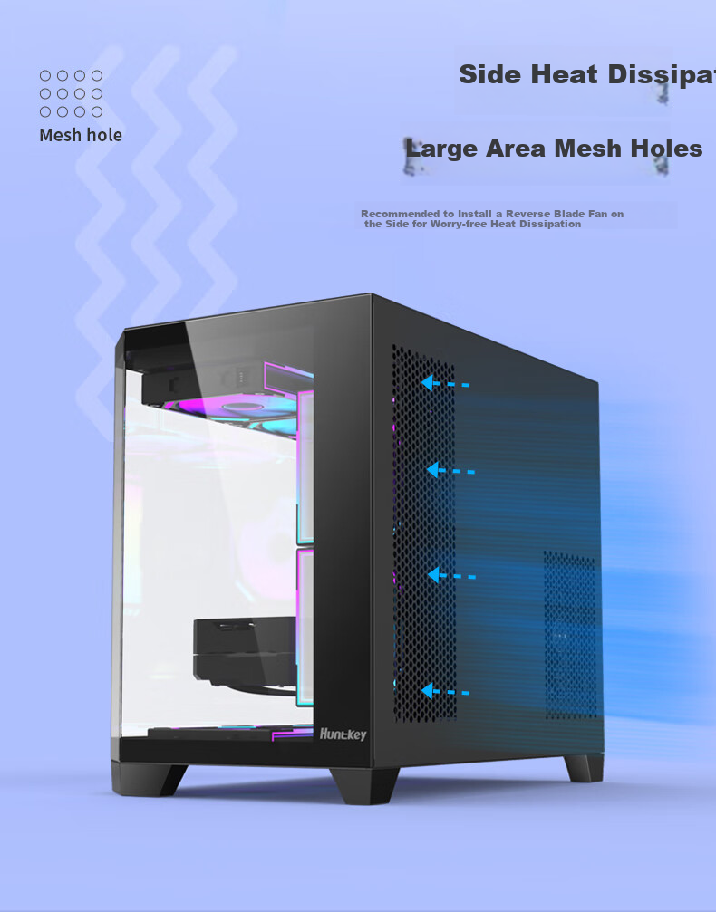 Huntkey S960 Storm X Ice Blade Edition Black Panoramic View Seaside Case (Three-Sided Tempered Glass Panel/Left And Right Zones/360mm Water Cooling/9 Fan Positions/MATX Motherboard) 8