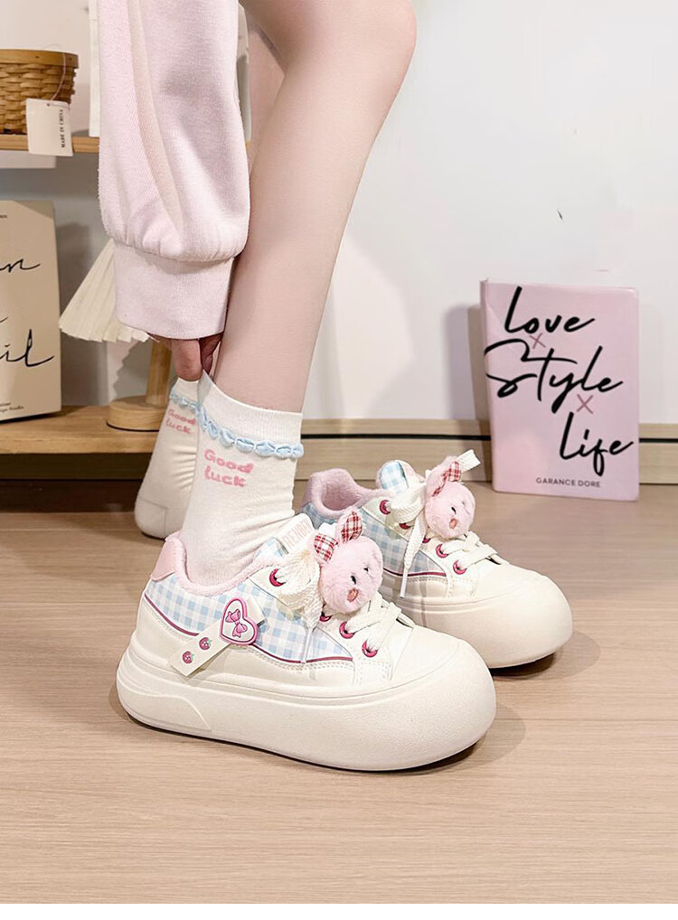 Renben Fleece-Lined Women's Cartoon White Shoes Winter New Cotton Shoes Thick Sole Casual Shoes Khaki Cotton Shoes Size 39 20