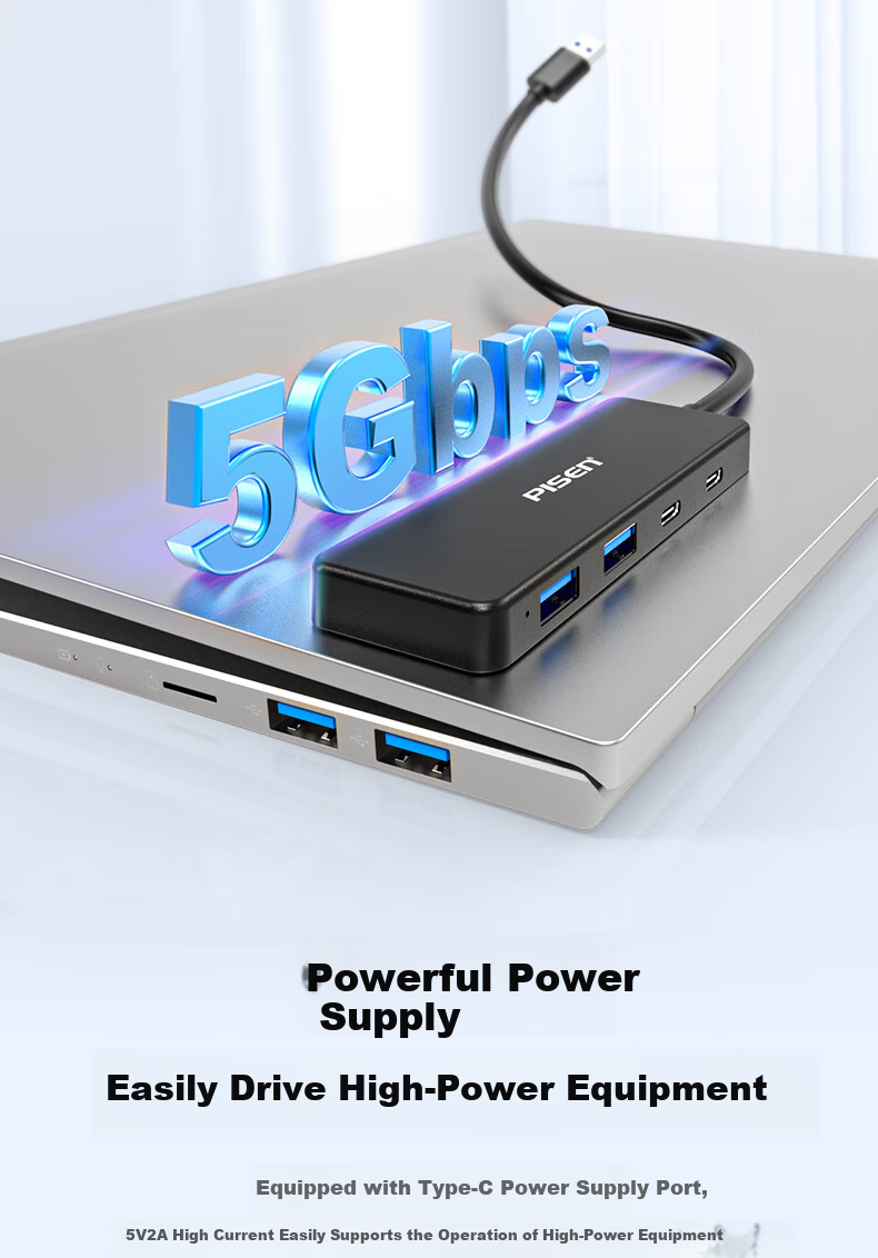 Pisen USB Hub, Multi-Port Adapter, USB 3.0 Splitter, Four-In HUB Concentrator, Laptop External Expansion Dock, USB-C Data Cable, 1 Meter 5